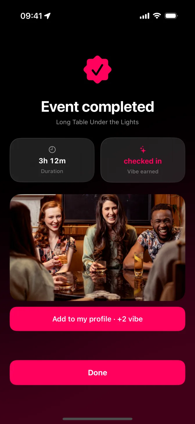 Event completed in the 28 app: a photo of friends around the table, shared by the host