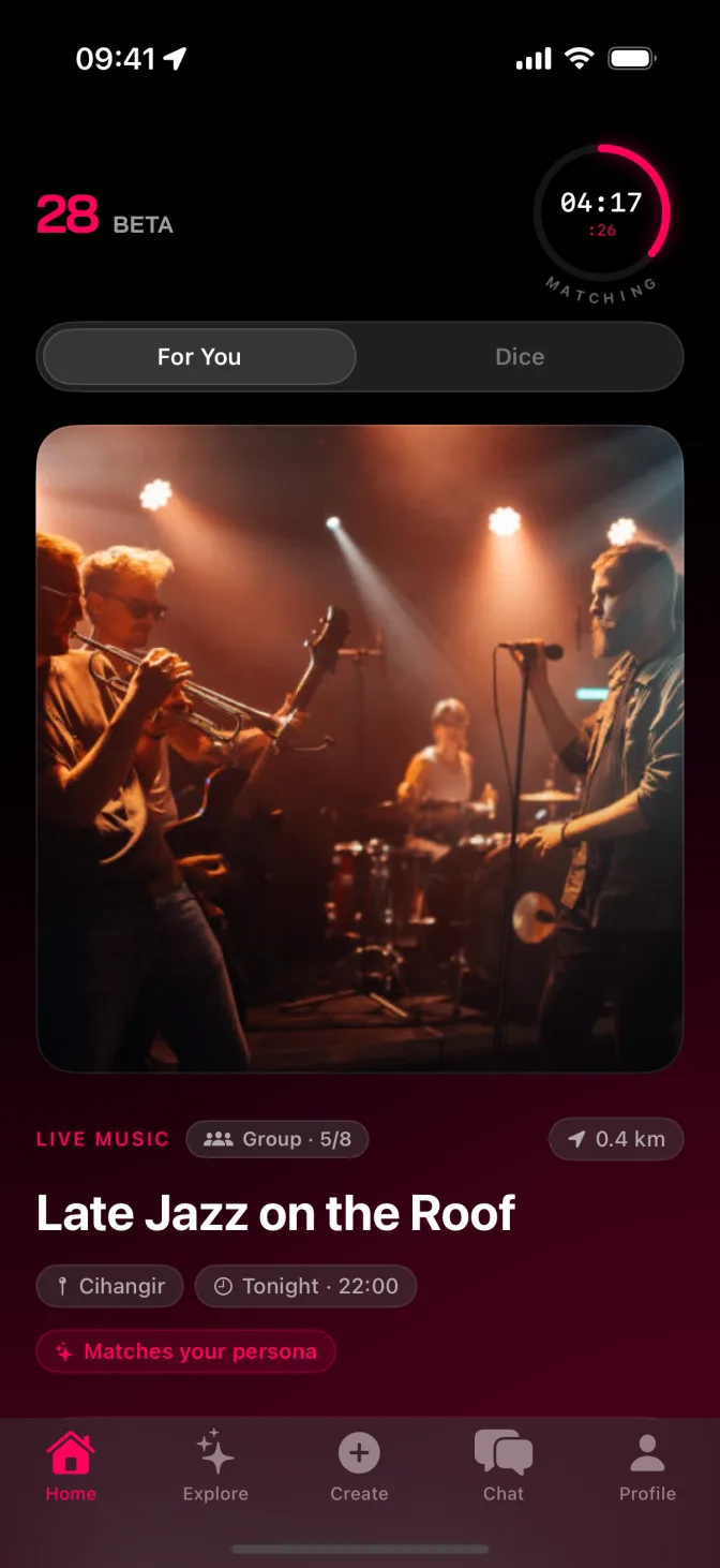 For You in the 28 app: one event picked for you tonight